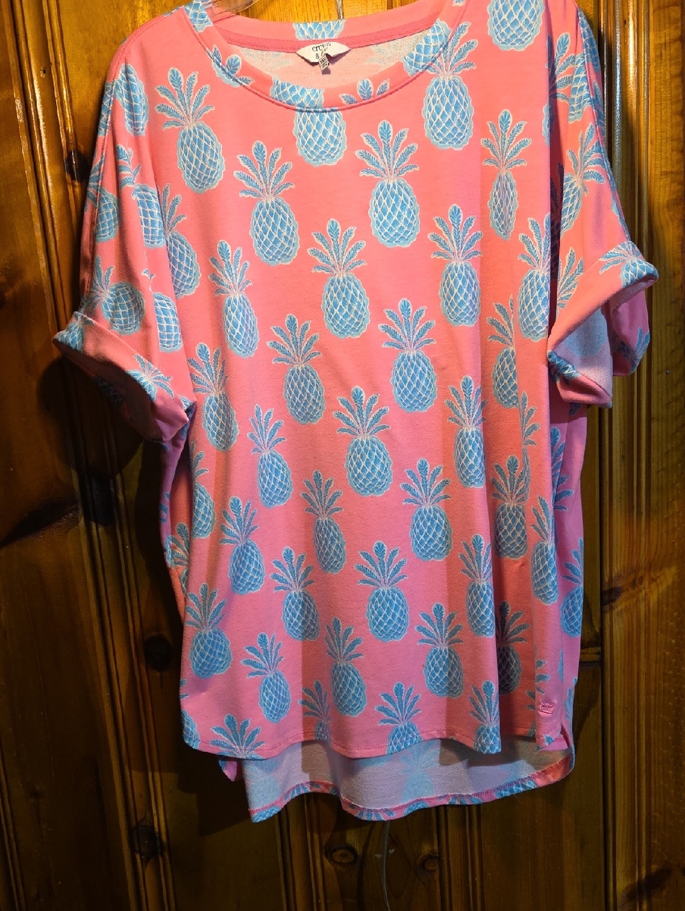 Crown & ivy Coral Pink Top with Light Blue Pineapple Motif